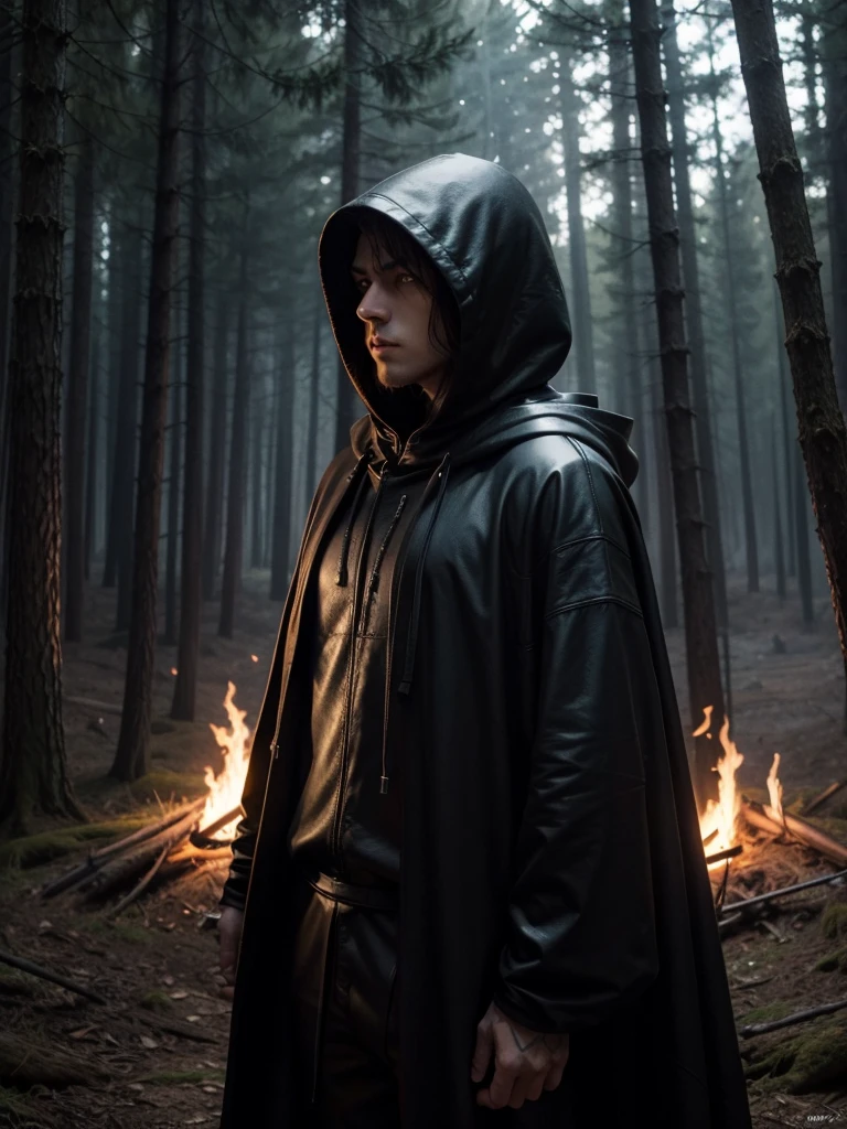 faceless hooded dark male knight in a big sinister forest. strong, fire. gloria. mutating sword . powerful