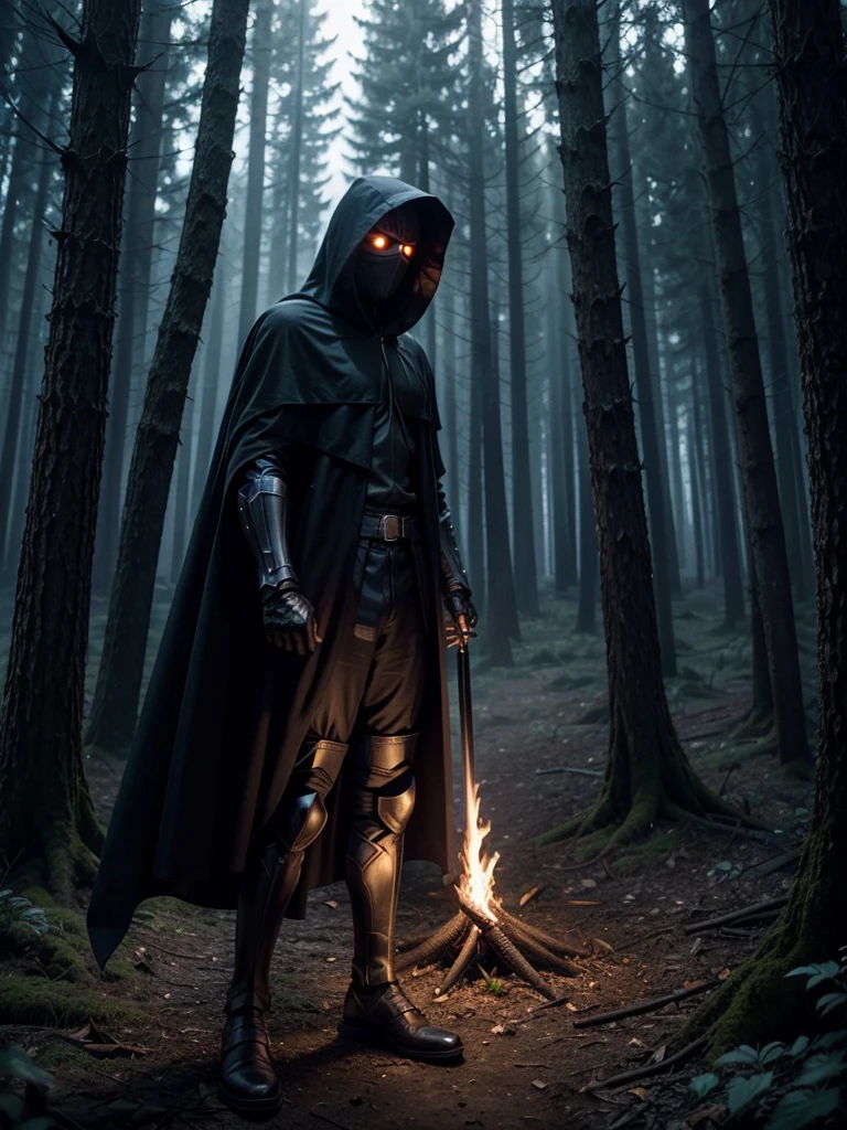 faceless hooded dark male knight in a big sinister forest. strong, fire. gloria. mutating sword . powerful 