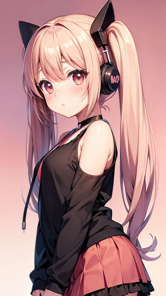 High resolution, Twin tails, Light blush, Simple Background, Background blur, Anime Style, earphone, Round eyes, Character design drawings,