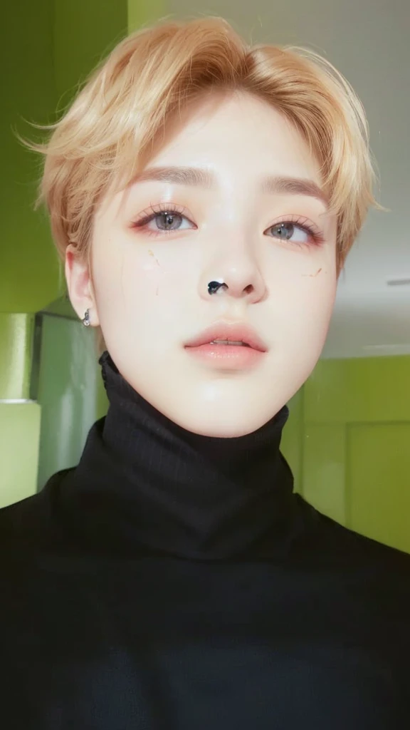 a close-up of a person in a black shirt with a high collar, Jimin\fleshy lips, Jimin\the right eyelid is swollen, accurate Jimin face, park Jimin, Jimin\the Greek nose, Jimin, adorable and pale korean face, jung jaehyun, hyung tae, cai xukun, Hong Jun Hyung, Ulzzang spacious, your eyes are red and glowing