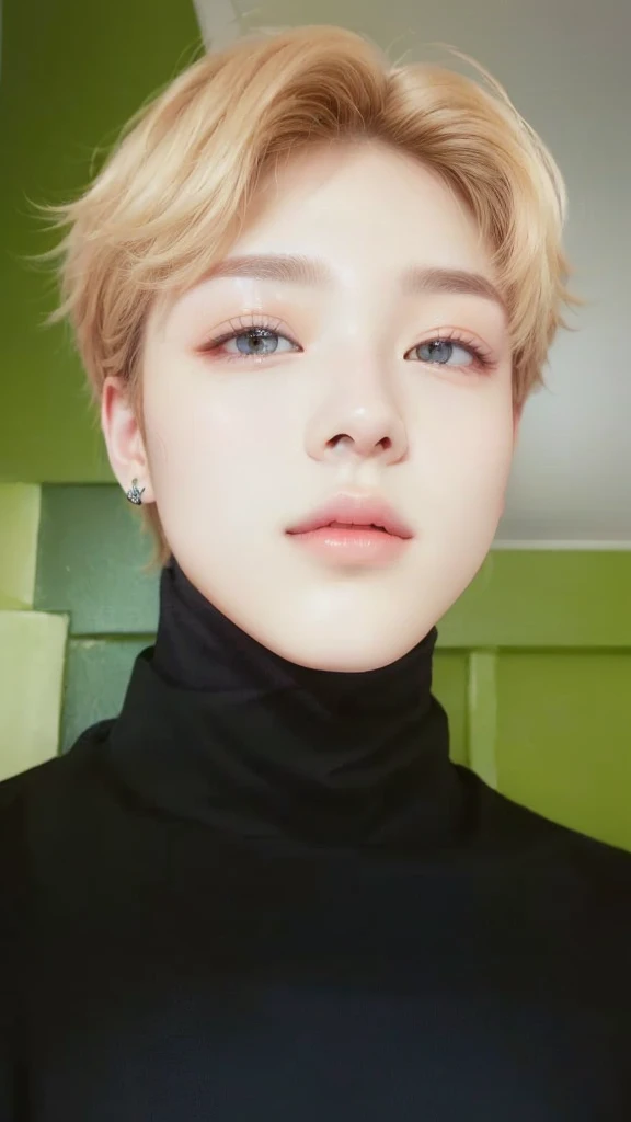 a close-up of a person in a black shirt with a high collar, Jimin\fleshy lips, Jimin\the right eyelid is swollen, accurate Jimin face, park Jimin, Jimin\the Greek nose, Jimin, adorable and pale korean face, jung jaehyun, hyung tae, cai xukun, Hong Jun Hyung, Ulzzang spacious, your eyes are red and glowing