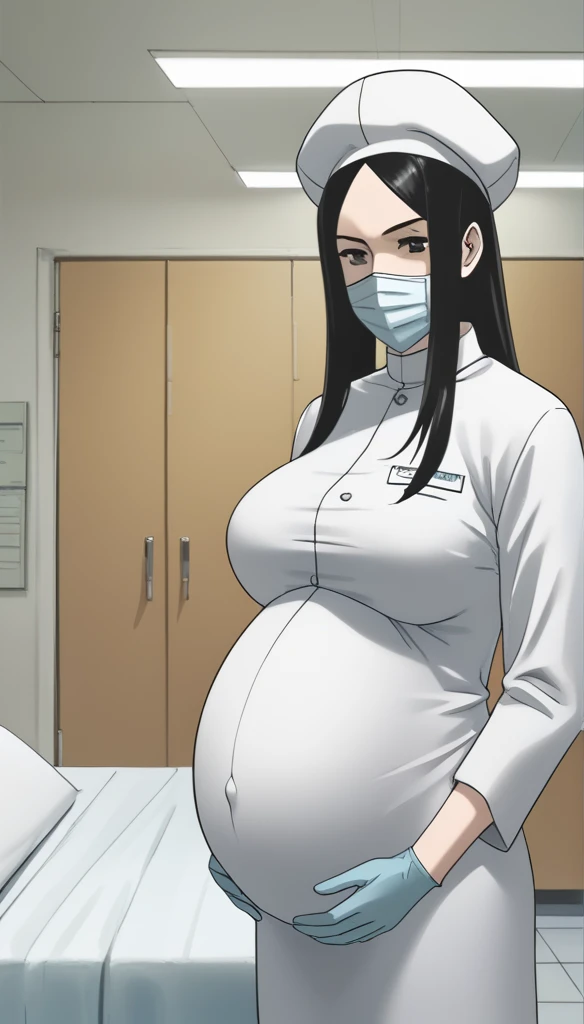 score_9, score_8_up, score_7_up, source_anime, raw image, masterpiece, highest quality, kasuganoray, pale skin, she narrowed her eyes, eyes want to have sex, her eyes were filled with a high level of lust, looking_at_viewer, long black hair, close ears, big breasts, scrubs, surgical mask, bouffant cap, long sleeve maternity dress, put on another long sleeved coat, seamless, navel head, the dress isn't wrinkled, tight fitting, long white stockings,
1girl, pregnant, solo, sexy, long rubber gloves, looking down, look at viewer, furrowed brow, hospital bed, light shines from the ceiling, standing, patient room background,