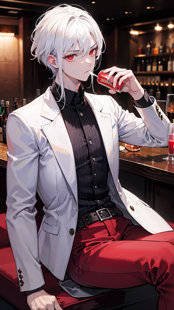 a handsome 24 year old man drinking juice while glancing at someone, white hair and red eyes in a bar, detailed face, cinematic lighting, dramatic chiaroscuro, vibrant colors, photorealistic, highly detailed, sharp focus, masterpiece