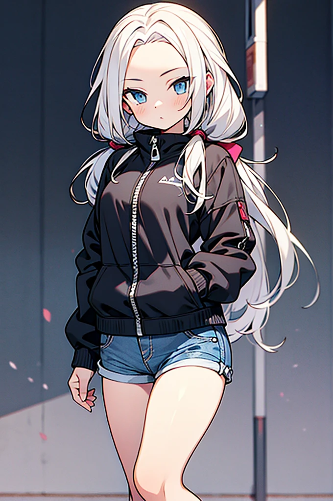 anime style,hairstyle forehead,teen girl,Denim short pants with open zipper,white hair,twintail hair,blue eyes,wearing black lace panties under short pants,
