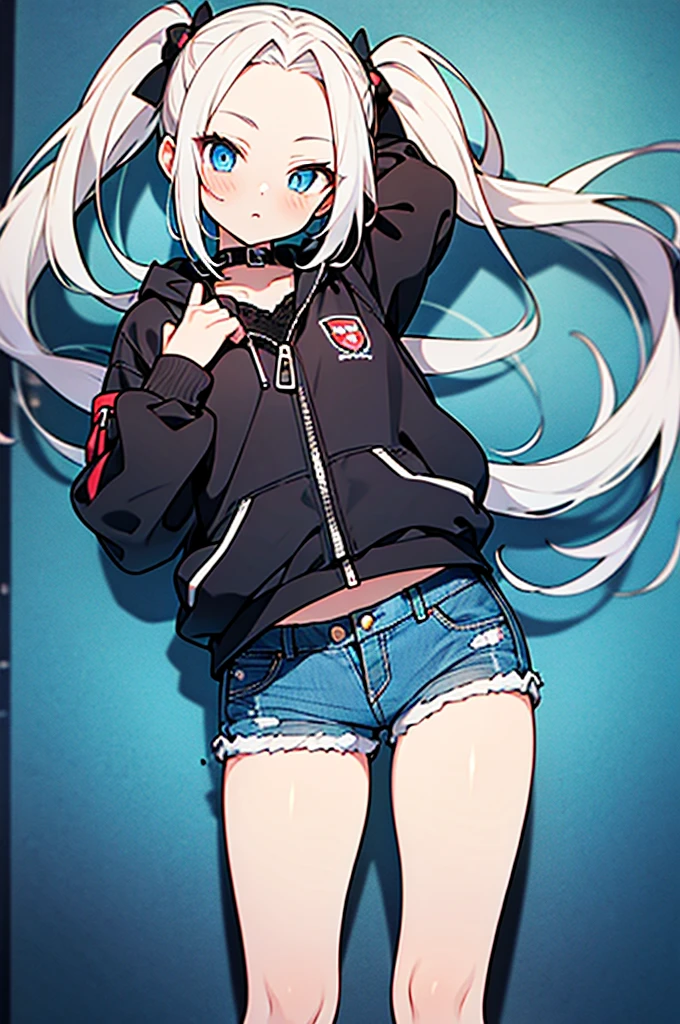anime style,hairstyle forehead,teen girl,Denim short pants with open zipper,white hair,twintail hair,blue eyes,wearing black lace panties under short pants,