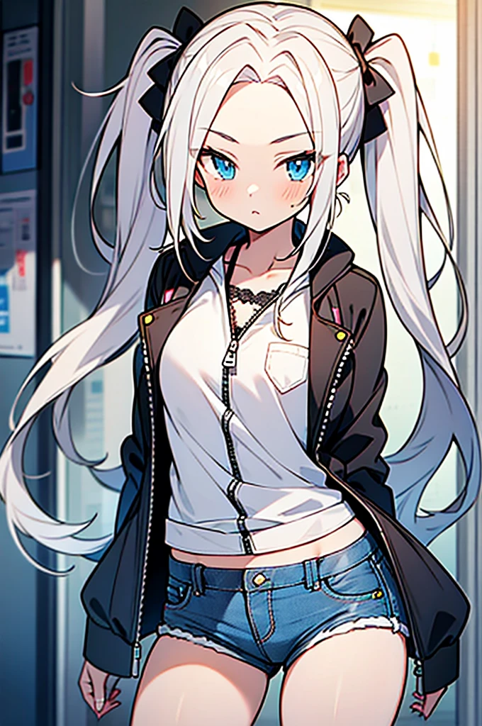 anime style,hairstyle forehead,,Denim short pants with open zipper,white hair,twintail hair,blue eyes,wearing black lace panties under short pants,