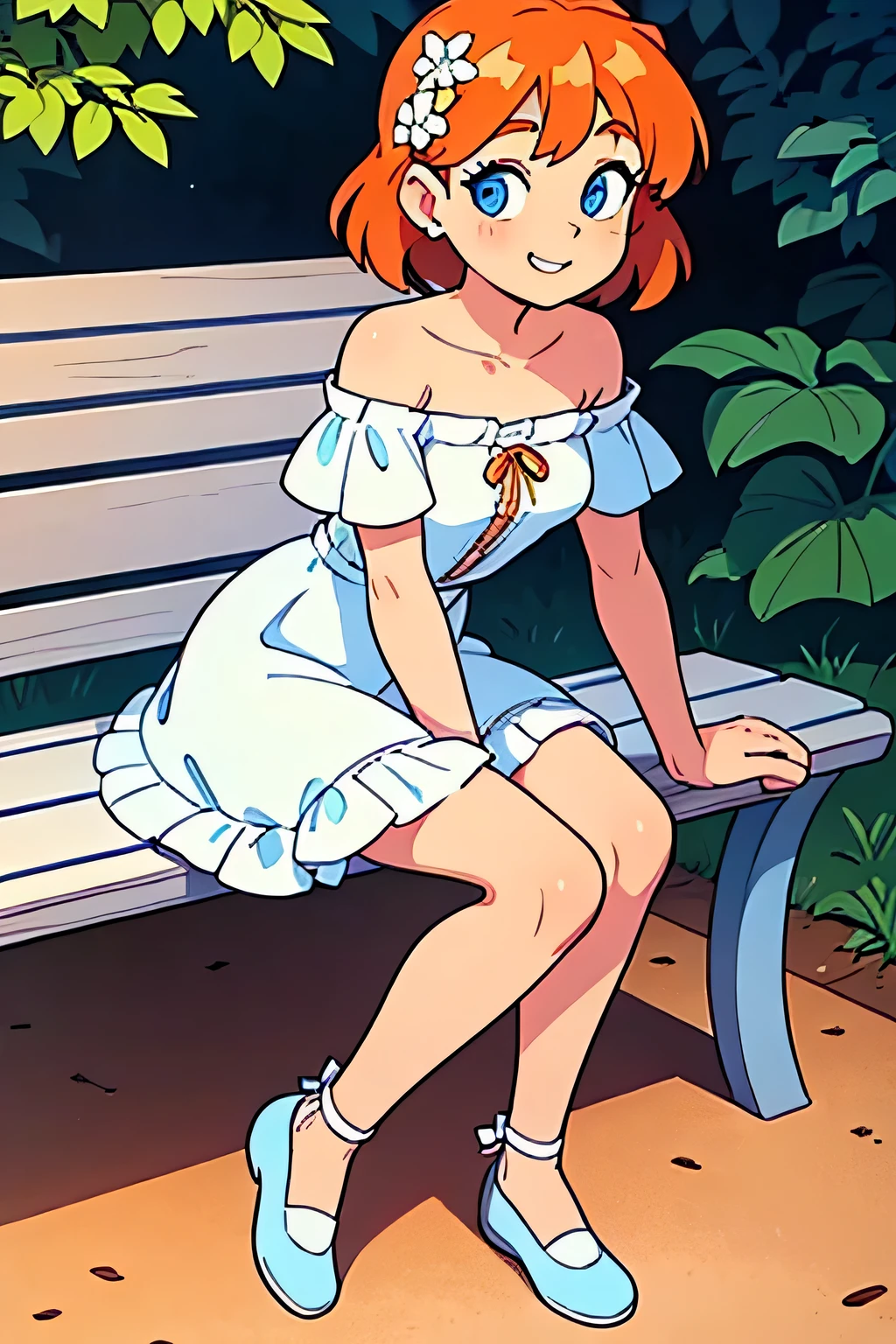 a beautiful girl with orange medium hair and blue eyes, dressed in a white ruffle off the shoulder dress sitting against a flower covered bench with her legs spread, and with bare shoulders and white shoes, and light smile