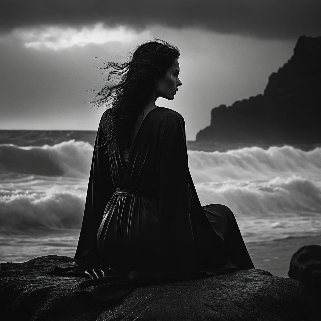 cinematic photo dark photo Center view. Black and white photo with dramatic effect. Raining. Storm. A beautiful lady in dark robe sitting crossed legs atop a rock in the middle of a sea while looking directly to the viewer. Her body is facing directly to the camera. Her robe and her hair are wet and soaked. The wind is strong, her black hair and her long tattered robe are fluttering in the wind direction. . The sky is dark and stormy. The sea are raging. The rain pours hard. Wave crashing to the rock she is seated on. too dark, chiaroscuro, low-key Dark Ambient
