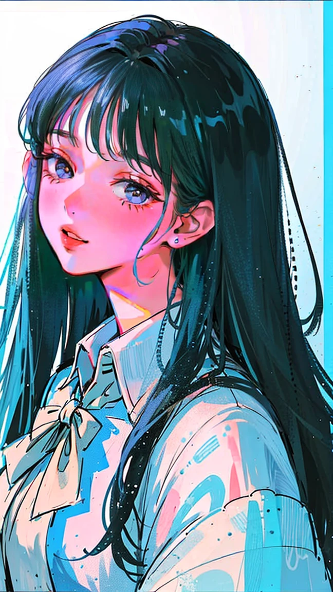(Portraits:1.4), (masterpiece:1.2, best quality:1.2), from above, upper body, 1girl, Look up, face focus, extremely detailed face, extremely detailed eyes, good-looking, make up, fashion wear, earrings, Blue hair, medium wavy hair, blunt bangs, friendly, cute smile, kind smile