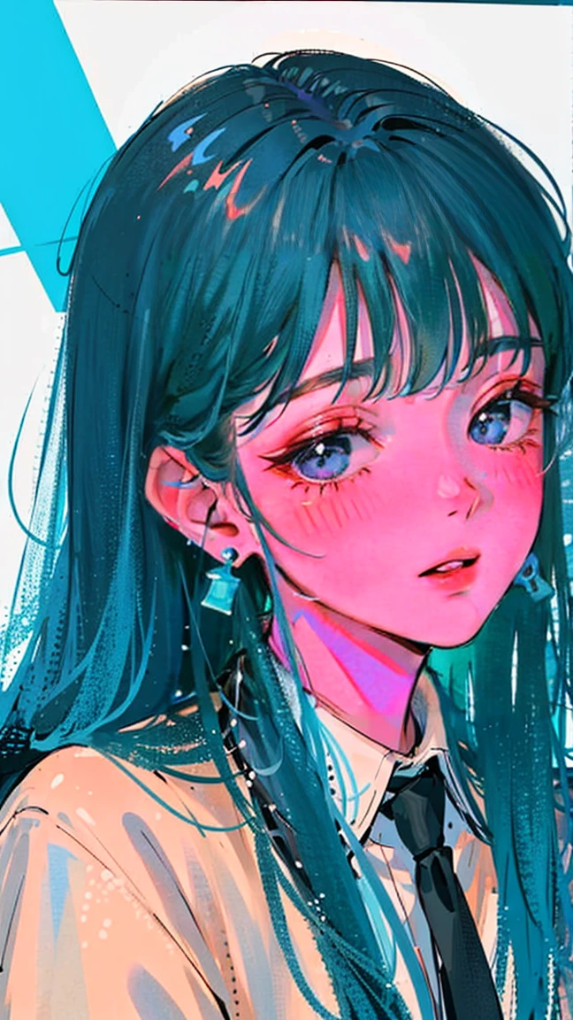 (Portraits:1.4), (masterpiece:1.2, best quality:1.2), from above, upper body, 1girl, Look up, face focus, extremely detailed face, extremely detailed eyes, good-looking, make up, fashion wear, earrings, Blue hair, medium wavy hair, blunt bangs, friendly, cute smile, kind smile