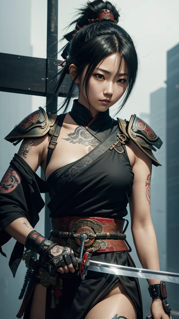 a close up of a Riho Yoshioka with a sword and a tattoo on her arm, very beautiful cyberpunk samurai, a beautiful woman warrior, she is holding a katana sword, beautiful female warrior, beautiful character painting, chinese warrior, warrior girl, holding a sword on her shoulder, japanese warrior, female samurai, ornate korean polearm behind her, cyberpunk samurai