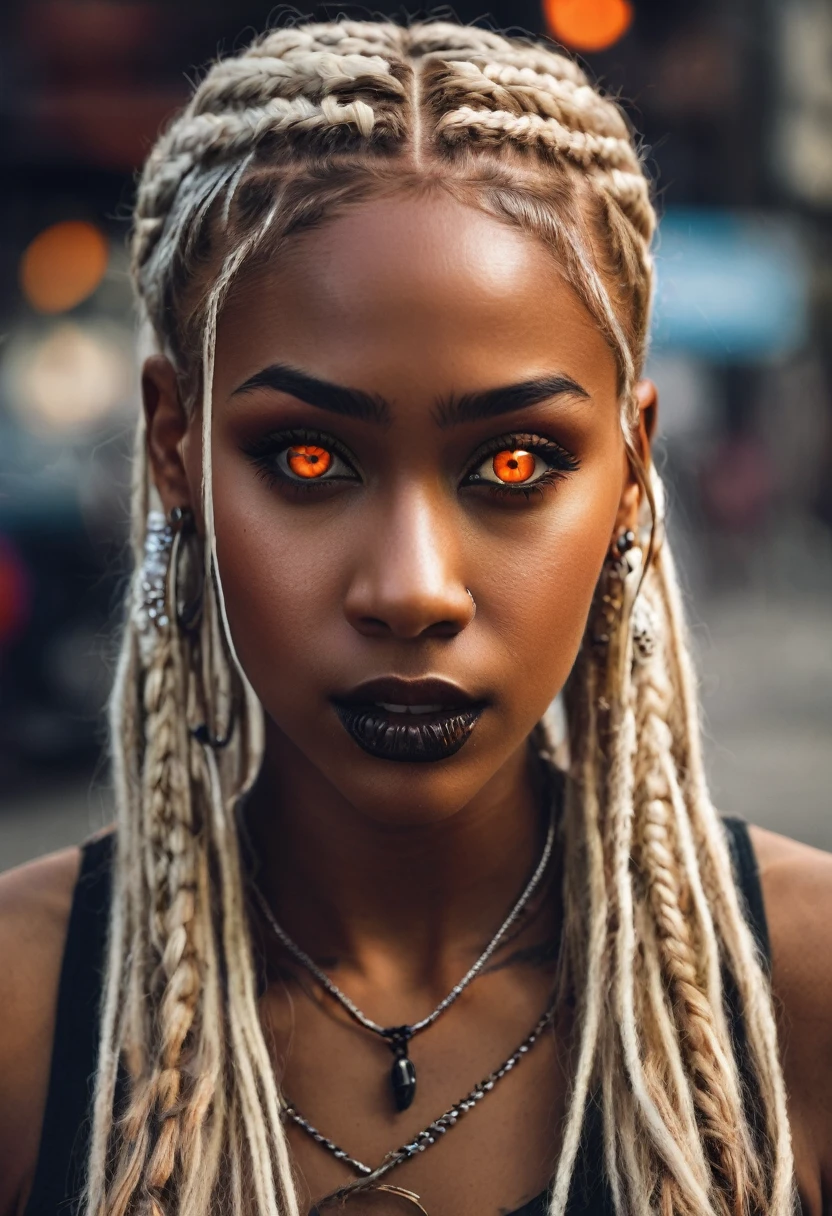 Can I get a beautiful brown skin woman with blonde braids in orange zombie eyes