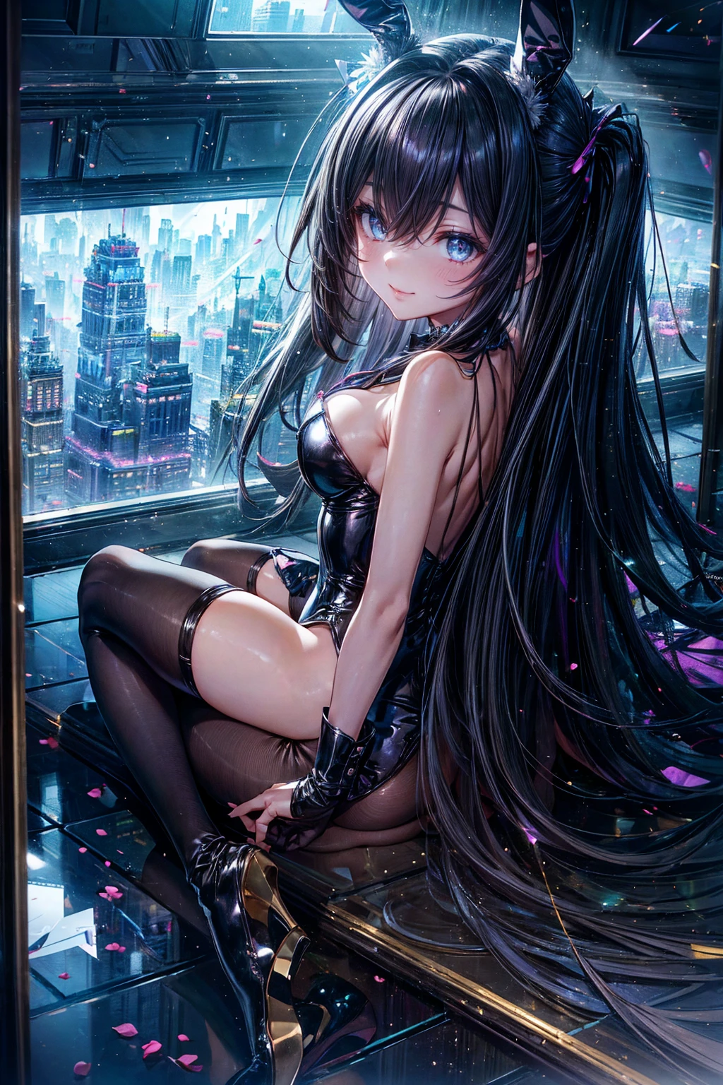 Highest quality、、(Bunny girl)、Plain black stockings、High heels、Black enamel bunny suit、Show Viewer、Angle from behind、W sitting、smile、Futuristic Living Room、indirect lighting、Room with houseplants、From the window you can see the valley between the city's buildings、Night view、Silver short hair、Beautiful Eyes、Beautiful Face、Delicate eyes