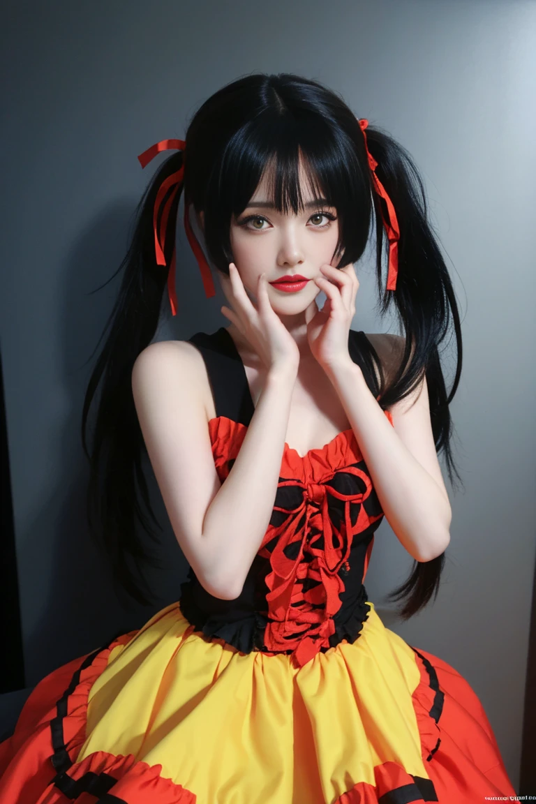 ulzzang-6500-v1.1,(raw photo:1.2),((photorealistic:1.30)), ((best quality)) ,((masterpiece)),((Ultra High Resolution)), ((Clear View)),,Ultra-high resolution,Clear face,(Reality:1.4) , illustration, an extremely delicate and beautiful, extremely detailed ,CG ,unity ,8k wallpaper, Amazing, finely detail, masterpiece,best quality,official art,extremely detailed CG unity 8k wallpaper,absurdres, incredibly absurdres, huge filesize, ultra-detailed, highres, extremely detailed,beautiful detailed girl, extremely detailed eyes and face, beautiful detailed eyes,light on face,cinematic lighting, kurumi tokisaki astral dress, (tokisaki kurumi:1.2), long hair, black hair, (red eyes:1.3), (twintails:1.5), (yellow eyes:1.3), hairband, (heterochromia:1.5), dress, (red dress:1.5), bare shoulders, collarbone, choker, bowtie, red bowtie, detached sleeves, corset, frills,