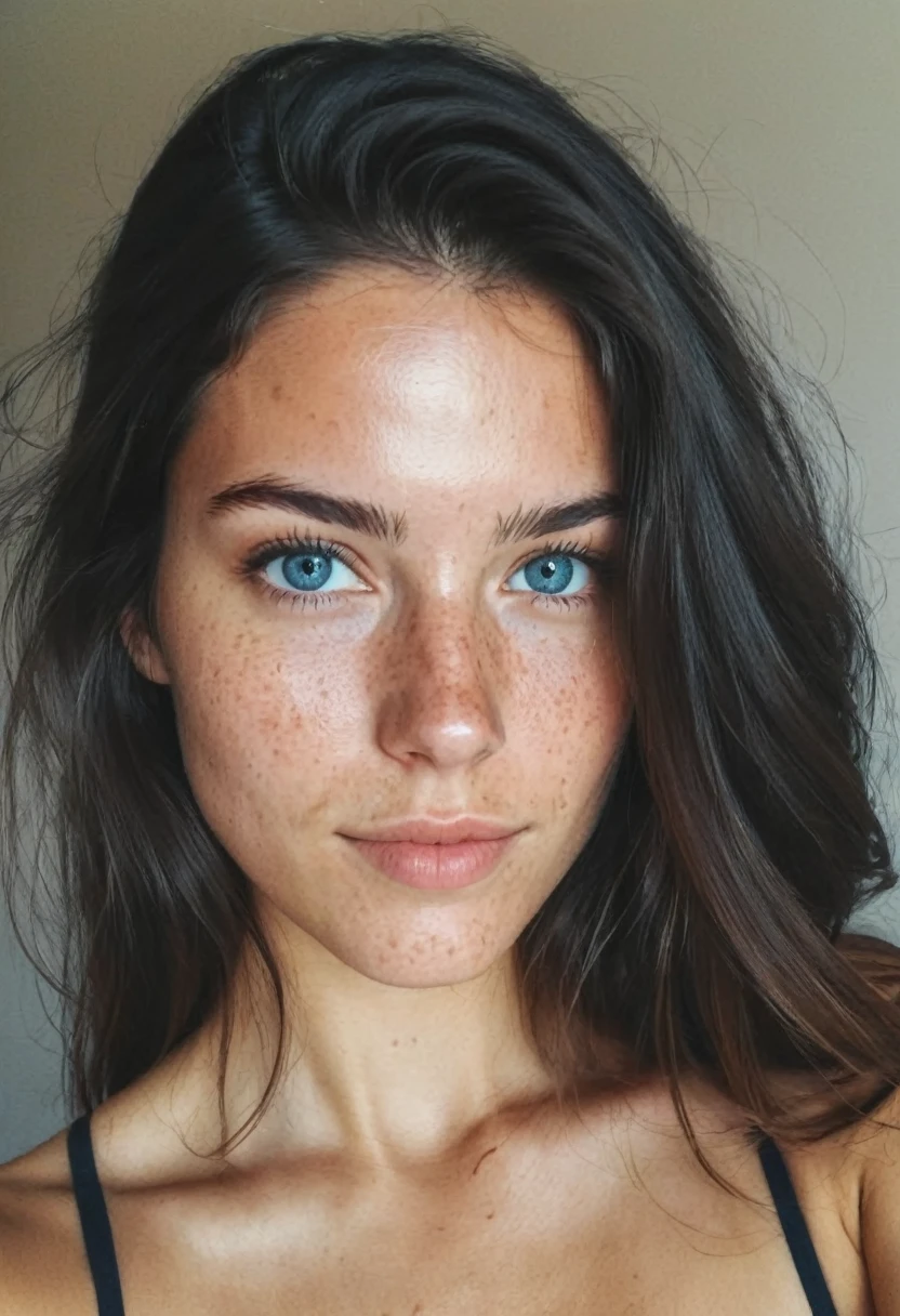instagram selfie , a 23 year old gorgeous woman , slight smile , detailed skin face and eyes , natural lighting , at home , long hair, topless , film grain, low contrast, natural face , freckles , black hair , blue eyes, dark circles under eyes