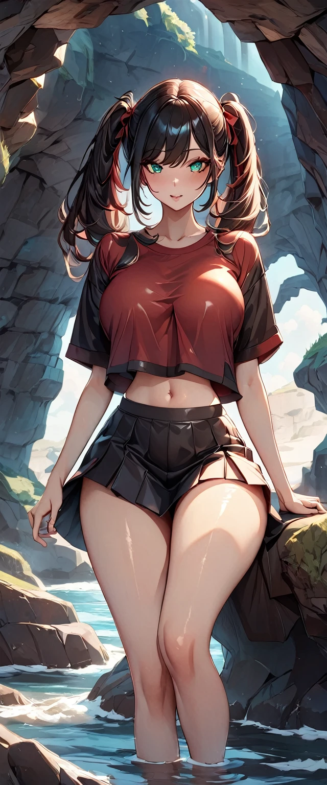 Photo of a woman with natural skin, Upper Body, Seaside cave, The light is shining in, High Twintails, Black hair with red mesh, Sharp eyes with red eyeshadow, Blue-green eyes, Shining eyes, A thin, upturned nose, Well-shaped lips, Big Breasts, ((crop top overhang, Thighs, Glamour)), Makeup, Exquisitely crafted with the utmost attention to detail, Vibrant, amazing, Smooth, Cinematic, 4K, Backlight, (()), Shallow depth of field, ((Detailed eyes:1.3, Detailed lips:1.3, high quality, )), masterpiece, Super detailed images, High quality