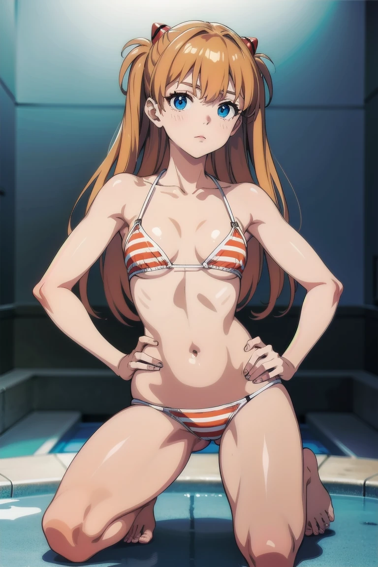 masterpiece、Highest quality、High resolution、Asuka Langley 、Long Hair、Glowing Skin、Light background、Topic Emphasis、Soft and natural lighting、Creating a dreamy and magical atmosphere。Daytime poolside、((tall。Beautiful breasts、Small breasts))、鬠红、Closed lip makeup、lipstick、(Heavy makeup)、clavicle、Halter neck、Striped bikini、Orange Bikini、O-ring、High Leg、Kneeling、Hands on hips