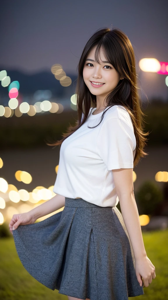 1 girl、(Looking at the audience)、(Bokeh:1.1)、Lips parted、Expressionless、Realistic、tights、skirt、Skyline、Realistic、アップskirt、skirtリフト、highest quality、masterpiece:1.3、超A high resolution、View from below:1.25 、Panties close up:1.35、Expression of a big laugh、The background is a night view、(Look Viewer:1.3)、(Beautiful Face:1.2)