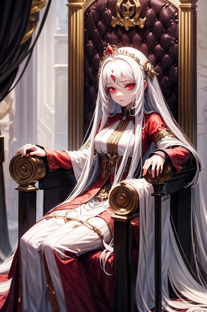 A hypnotized young queen with long white hair and red eyes, enslaved and imprisoned, chained to her throne and helpless