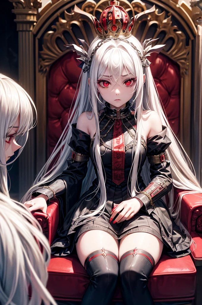 A hypnotized young queen with long white hair and red eyes, enslaved and imprisoned, chained to her throne and helpless