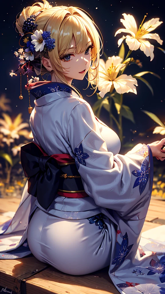 masterpiece, high quality, 4K, Beautiful design, silhouette,blonde, 非常に詳細な夜のStarry Sky,Flower Field, wonderful, Finer details, Very knowledgeable woman, Highly detailed solo, 1 female,Big Breasts,Butt Emphasis,Yukata in white color,Night view,Starry Sky,How to sit,firework,