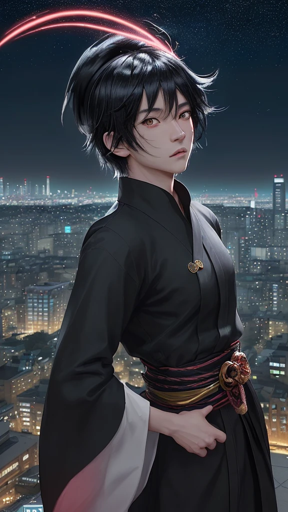 Generate an anime character with the following characteristics:
- Male with short black hair
- Wearing a traditional Japanese (black gakuran)
- Large, expressive golden eyes
- Holding out a hand, as if inviting someone
- Wearing a hat with a red band and a gold emblem
- Two floating orbs, one on each side of the character, glowing with mystical energy
- A charm with a kanji symbol attached to the side of the face
- The overall style should be vibrant and clean, resembling modern anime artwork
Background:
- A bustling cityscape at night, filled with tall buildings illuminated by colorful lights
- A clear, starry sky above the city
- The city lights should reflect a mix of modern and traditional Japanese architecture
- The atmosphere should feel magical and vibrant, enhancing the mystical elements of the character