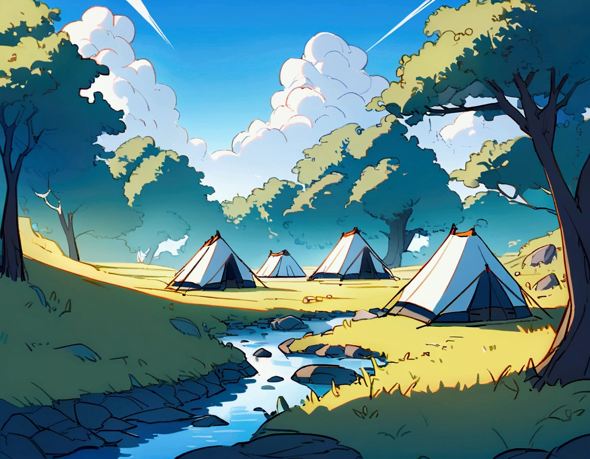 Fantasy,unmanned,background,Beautiful stream,wood々,Bright landscape,Blue sky,White cloud,Light of the sun,Primitive１Two tents,ただ一Two tents,,,