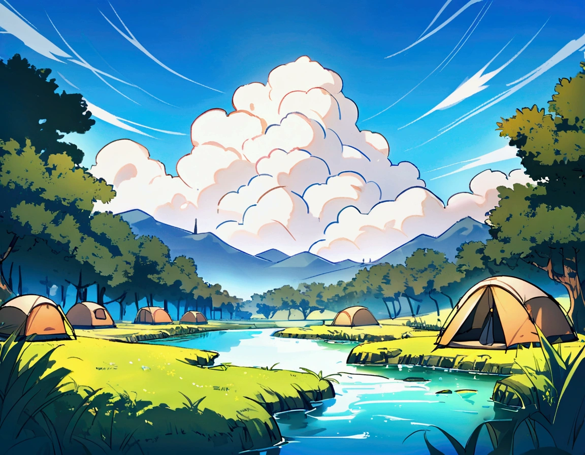 Fantasy,unmanned,background,Beautiful stream,wood々,Bright landscape,Blue sky,White cloud,Light of the sun,Primitive1Two tents,ただ一Two tents,,,