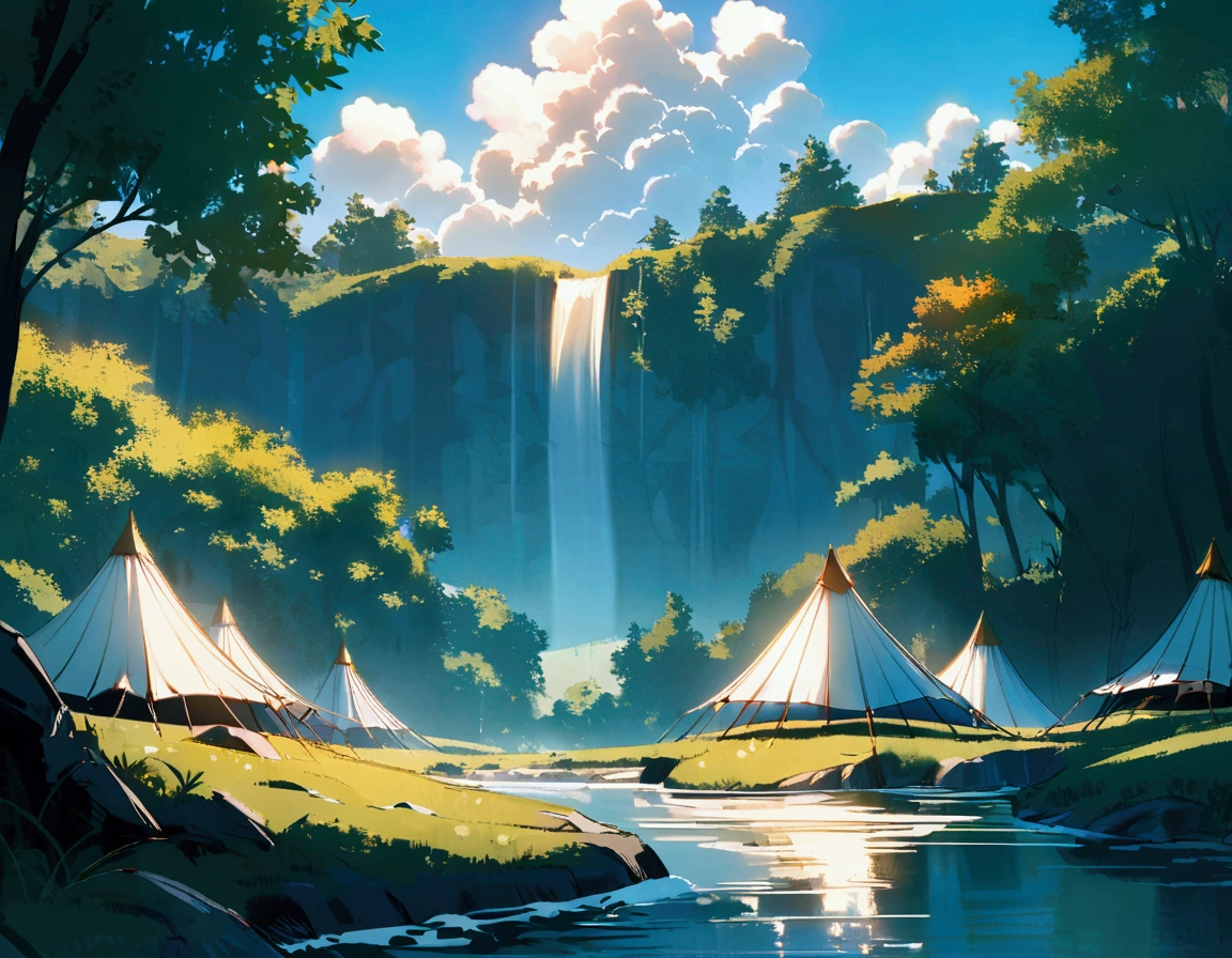 Fantasy,unmanned,background,Beautiful stream,wood々,Bright landscape,Blue sky,White cloud,Light of the sun,Primitive1Two tents,ただ一Two tents,,,
