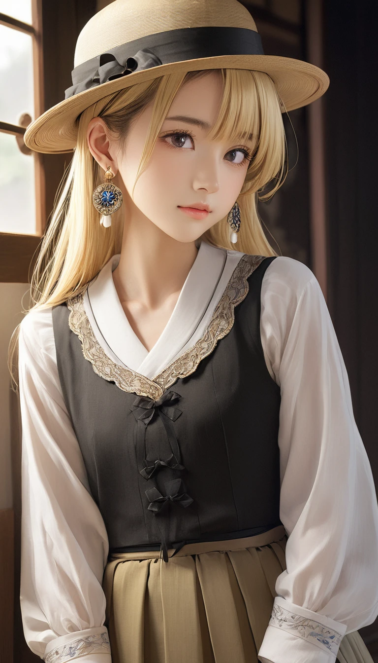 (masterpiece, Highest quality:1.2), One girl, alone,bony body、15 years old、hat、Earrings、Blonde、Taisho period