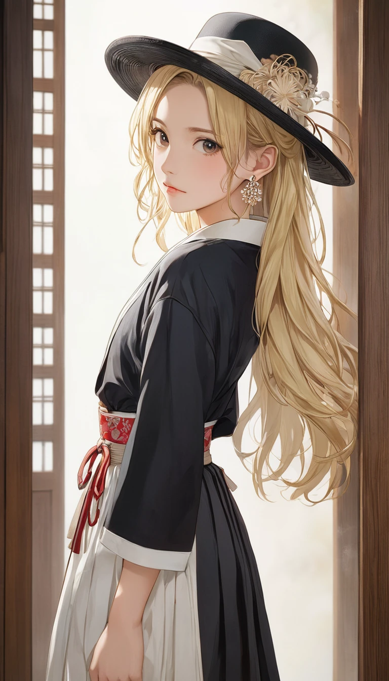 (masterpiece, Highest quality:1.2), One girl, alone,bony body、15 years old、hat、Earrings、Blonde、Taisho period