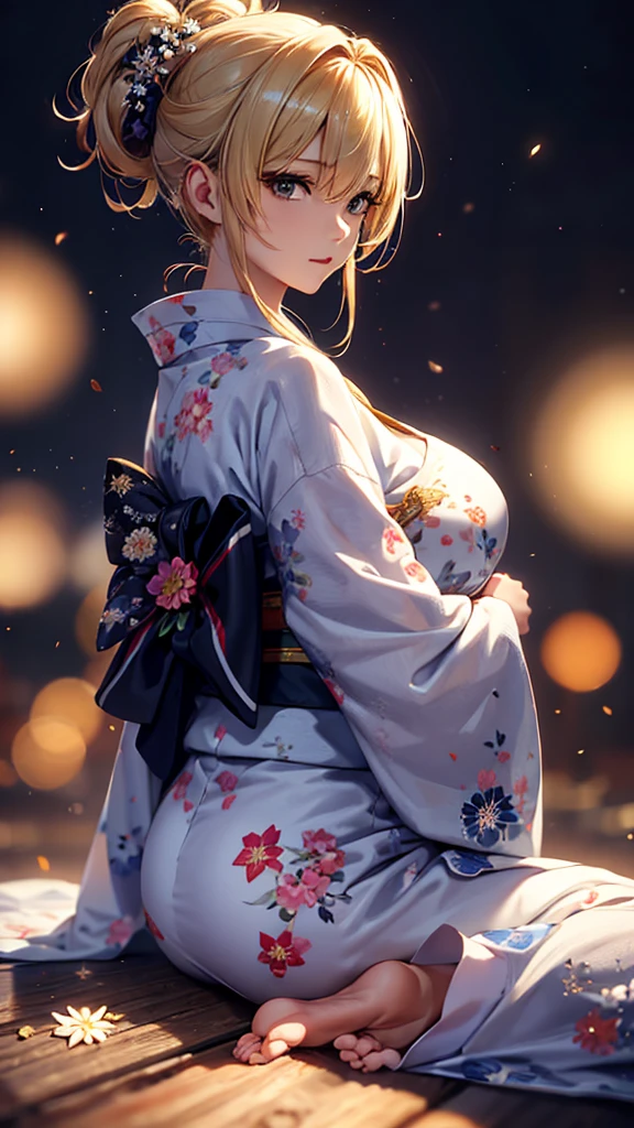 masterpiece, high quality, 4K, Beautiful design, silhouette,blonde, 非常に詳細な夜のStarry Sky,Flower Field, wonderful, Finer details, Very knowledgeable woman, Highly detailed solo, 1 female,Big Breasts,Butt Emphasis,Yukata in white color,Night view,Starry Sky,How to sit,firework,