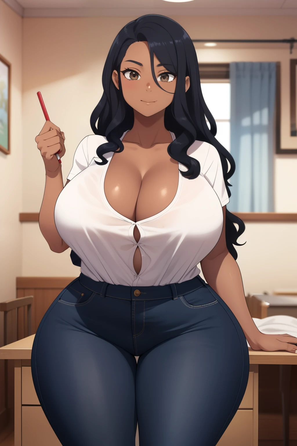 ung woman, black dark skin, long black curly hair, wearing blue jeans, white tucking in shirt, in her house, brown eyes, she notices something, massive hips, massive thighs, massive breasts, hourglass’s shaped body, cleavage