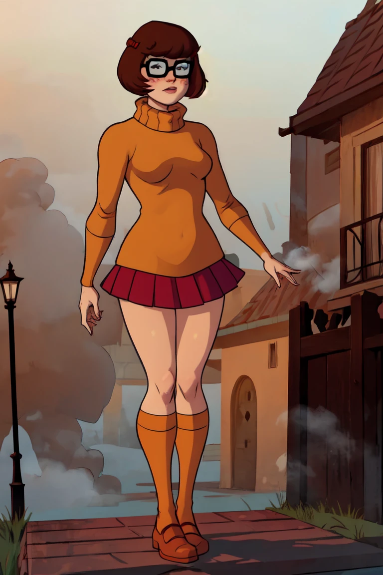 1girl, Velma from scooby-doo, solo, skinny, brown hair, black eyes, square glasses, orange turtleneck blouse and red skirt,  eyeliner, looking at viewer, lips, black bob cut, blunt bangs, blush, standing, full body, outdoors, night, fog egirlmakeup, orange stockings