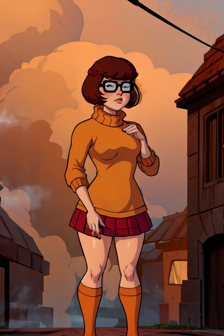 daria, 1girl, solo, green jacket, brown shirt, glasses, outdoors, full body, black skirt, black boots, lifting shirt off, showing breasts nsfw, cartoon