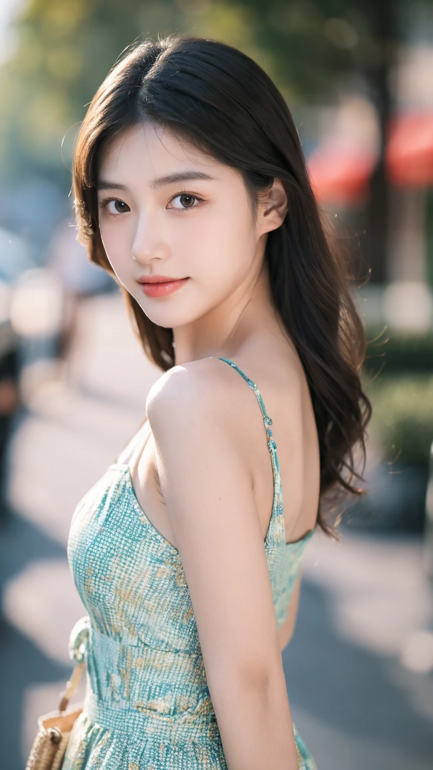 ((Best quality, 8K, masterpiece:1.3)),1girl,18 years old,Asian,Real texture:1.3,(Background blur:1.1),Gorgeous long dress,Tall and slender figure:1.2,(Hot summer weather),(street:1.3),Highly detailed face and skin textures,Exquisite eyes,Long eyelashes,Double eyelids,Skin Whitening,happy,Various postures,Big breasts