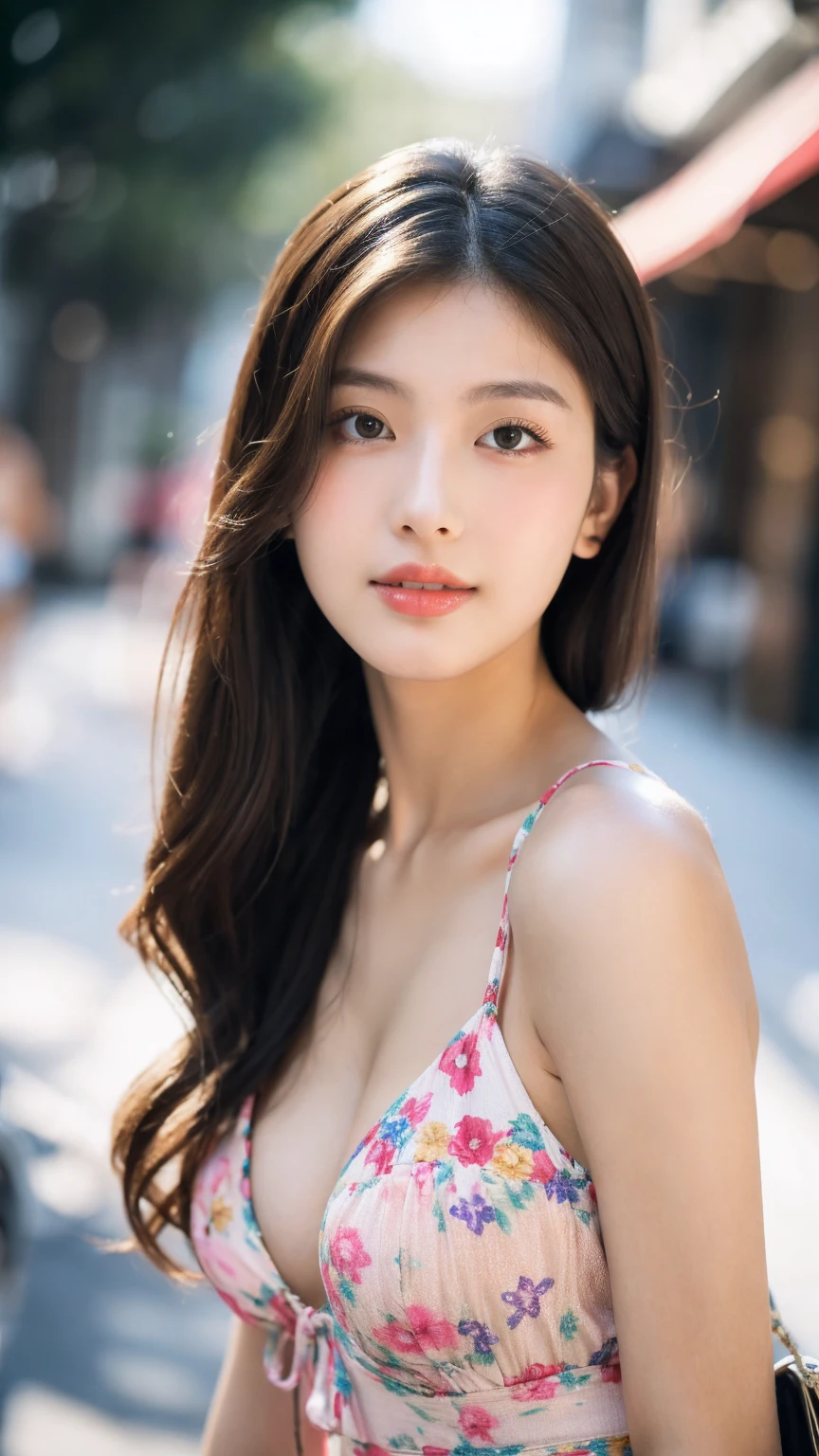 ((Best quality, 8k, masterpiece:1.3)),1girl,18 years old,Asian,Real texture:1.3,(Background blur:1.1),Dress Up,Tall and slender figure:1.2,(Hot summer weather),(street:1.3),Highly detailed face and skin textures,Exquisite eyes,Long eyelashes,Double eyelids,Skin Whitening,happy,Various postures,Beautiful breasts