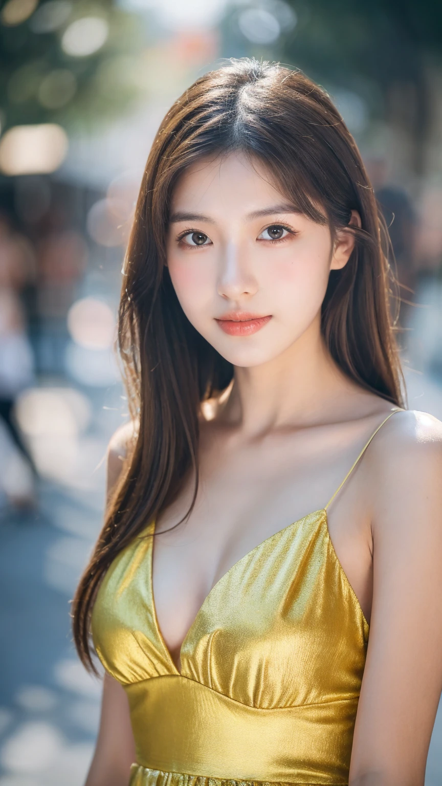 ((Best quality, 8k, masterpiece:1.3))，1girl，18 years old，Asian，Real texture:1.3，(Background blur:1.1)，Dress Up，Tall and slender figure:1.2，(Hot summer weather)，（street:1.3），Highly detailed face and skin textures，Exquisite eyes，Long eyelashes，Double eyelids，Skin Whitening，happy，Various postures，Beautiful breasts