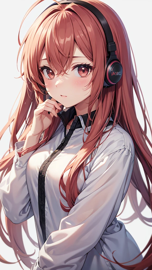 High resolution, Light blush, Simple Background, Background blur, Anime Style, earphone, Round eyes, Character design drawings, Long Hair, Gaze, 