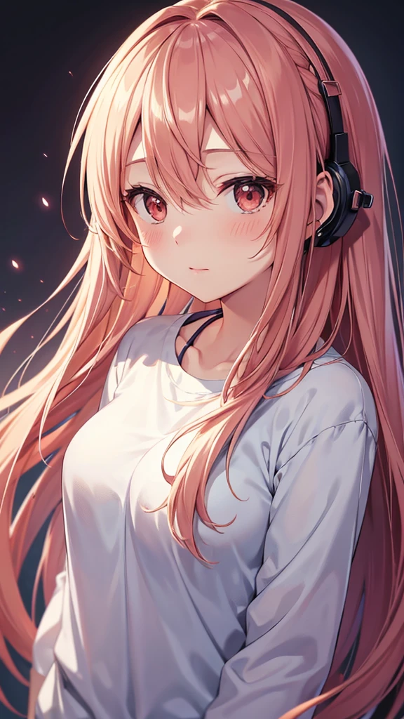 High resolution, Light blush, Simple Background, Background blur, Anime Style, earphone, Round eyes, Character design drawings, Long Hair, Gaze,