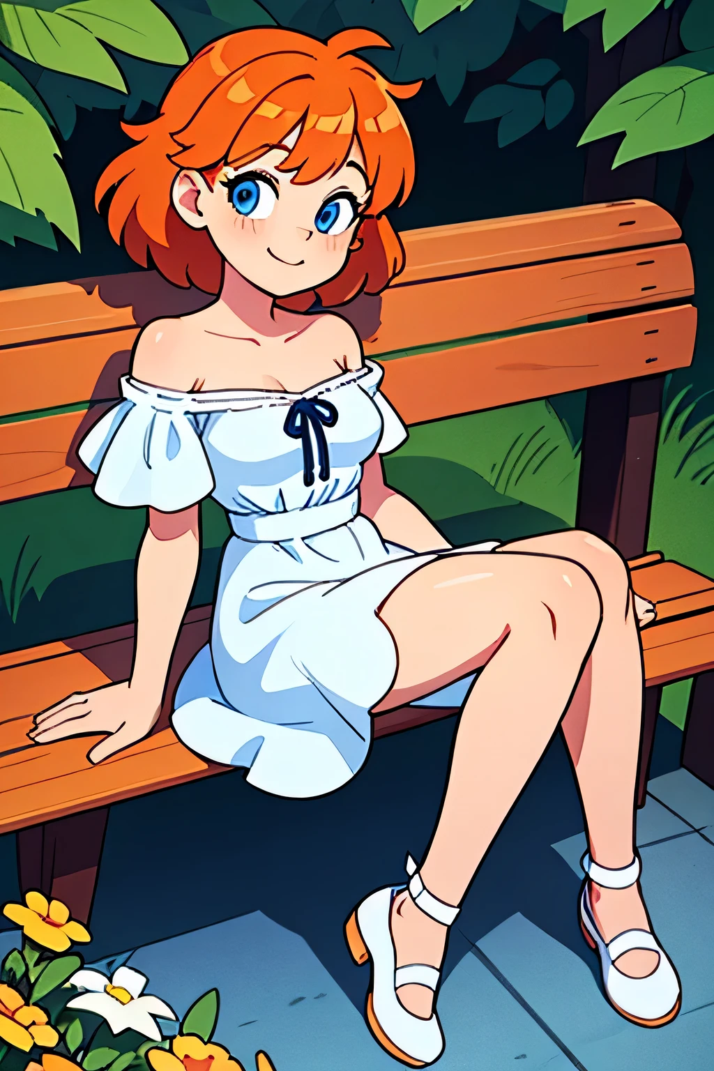a beautiful girl with orange medium hair and blue eyes, dressed in a white ruffle off the shoulder dress sitting against a flower covered bench with her legs spread, and with bare shoulders and white shoes, and light smile