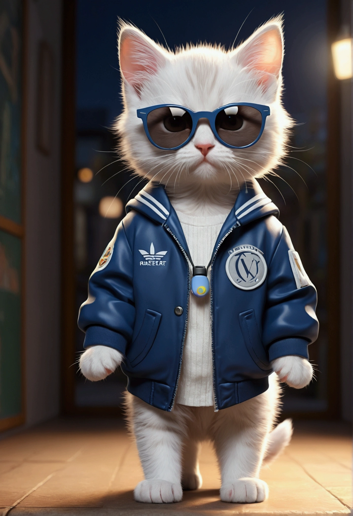 Perfect centering, Cute kitten, Wear a school jacket, Wear sunglasses, Wear headphones, Standing position, Abstract Beauty, Centered, Looking into the camera, To the camera, Near perfect, dynamic, moonlight, Very detailed, Digital Painting, artステーション, コンセプトart, Smooth, Sharp focus, 8k, High resolution, figure, art:Carne Griffith、Vadim Kashin, White Background