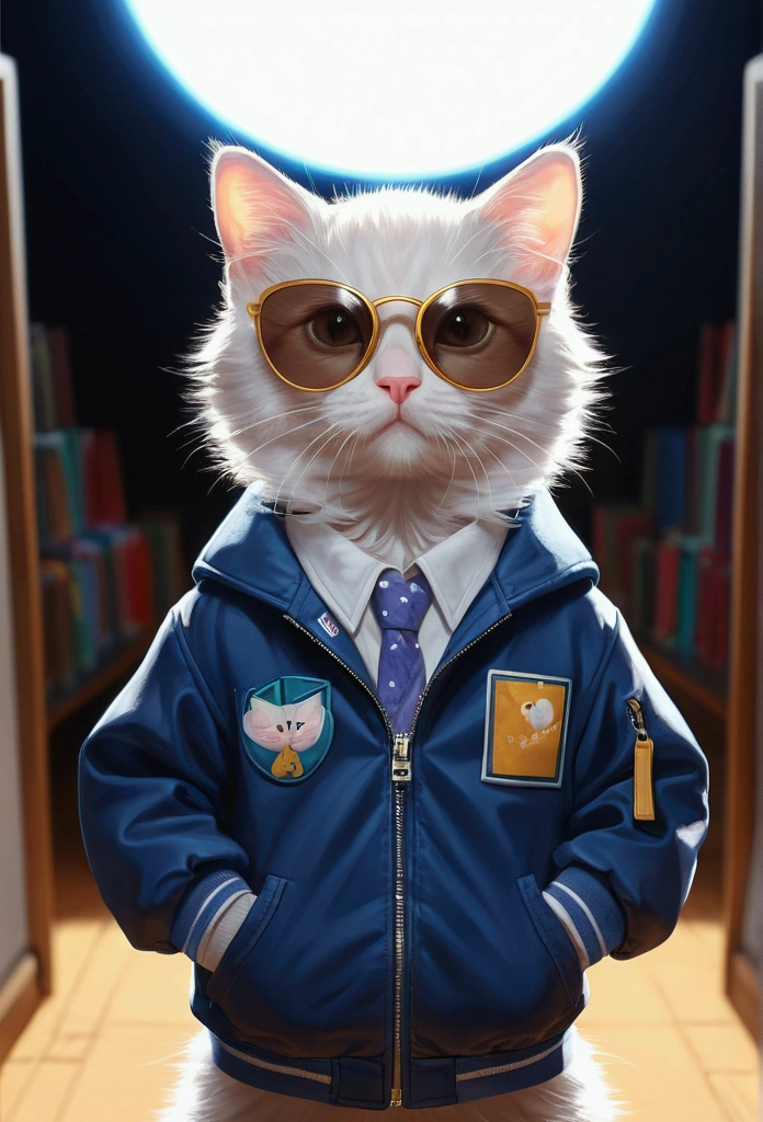 Perfect centering, Cute kitten, Wear a school jacket, Wear sunglasses, Wear headphones, Standing position, Abstract Beauty, Centered, Looking into the camera, To the camera, Near perfect, dynamic, moonlight, Very detailed, Digital Painting, artステーション, コンセプトart, Smooth, Sharp focus, 8k, High resolution, figure, art:Carne Griffith、Vadim Kashin, White Background