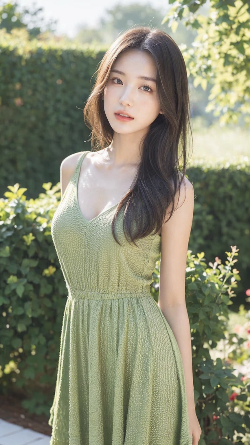 ((Best quality, 8k, masterpiece:1.3))，1girl，18 years old，Asian，Real texture:1.3，(Background blur:1.3)，Dress Up，Tall and slender figure:1.2，(Hot summer weather)，（garden:1.3），Highly detailed face and skin textures，Exquisite eyes，Long eyelashes，Double eyelids，Skin Whitening，happy，Breast