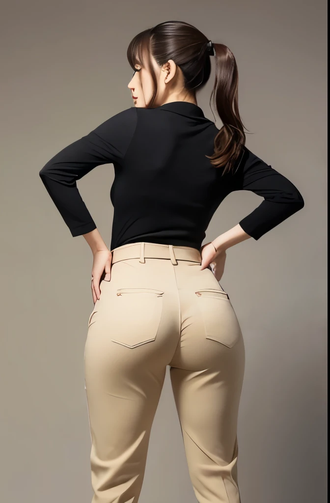 masterpiece,Highest quality,Beige trousers,Black clothes,Japanese,30-year-old woman,Protruding buttocks,I can see your face,Looking at the camera,Highly detailed face,ponytail,Big Ass,profile