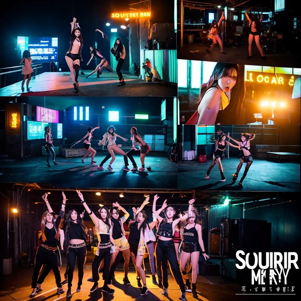 Opening Scene: Rooftop Party**
- **Setting:** A stylish rooftop with neon lights.
- **Action:** The members are seen arriving individually, showcasing their unique styles. They greet each other with excitement, and as they come together, the beat drops for the chorus.
- **Dancers:** Female backup dancers join in for the first choreography sequence, featuring synchronized dance moves with fierce expressions. Kpop girl group south koera members music video siren scene