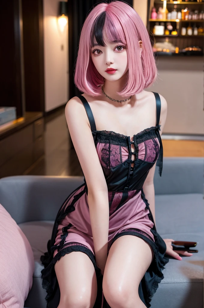 20yo woman， （masterpiece： 1.4）， （8K， reality， original photo， best quality： 1.4）， Japan， （1 girl）， beautiful face， （Real faces： 1.4）， （pink hair， short hair： 1.3）， hairstyle， Realistic blue eyes， beautiful details eyes， （reality皮肤： 1.3）， beautiful skin， Attractive， ultra high resolution， Super realistic， HD， golden ratio， （Detailed face： 1.4）， （Japan演员： estuary）， Sheer vest，粉色short hair，White透明，White，NSFW，big，big屁股强调，The nipple areola is clearly shaped，looking into camera，Sitting on the sofa，pubic shape is transparent and clear，posture（Bend your knees and legs open）