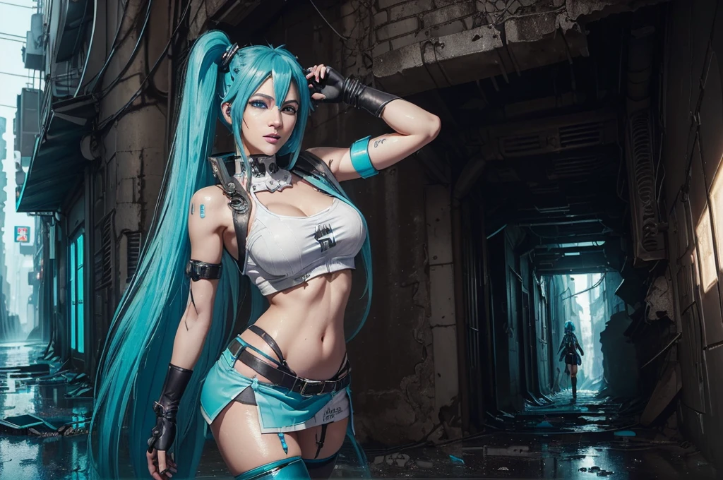 (Best quality,a high resolution,Ultra - details,valid), Miku Hatsune, ,(Destroyed alley Tokyo cyberpunk dungeon ruins background :1.4 ), big breasts, dynamic pose , (green hair, two ponytails) ,(short white miniskirt:1.4), Very long hair) , Put your hands behind your back, (beautiful blue eyes:1.4) , relaxed face, eyebrow hair, shiny hair,,(Destroyed dungeon background:1.4 ), Shiny skin, slight smile, Racing Miku, Black body, Short jacket, white jacket, long рукав, two-tone gloves, thigh high boots,,(Destroyed dungeon background nublado lluvia :1.4 ),(masterpiece: 1.4), (8 K, realist, Raw photo, Best quality: 1.4),(Miku Hatsune:1.4), (Miku Hatsune V2.1), (Detailed faces: 1.5, (beautiful blue eyes :1.4) , (Beautiful face, labios Delgados: 1.5) , Delgado, pale and pointed eyebrows, long, dark eyelashes, Double eyelashes),perfect hands: 1.5, (Kinematics V2.1),( dynamic pose), (Ideal Anatomy), (detailed face :1.4), (not mutations)