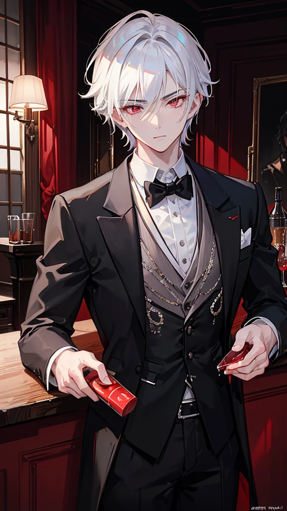 a handsome 24 year old man with white hair and red eyes, drinking juice while glancing at someone, detailed face, cinematic lighting, dramatic chiaroscuro, vibrant colors, photorealistic, highly detailed, sharp focus, masterpiece, elegant black suit, bar interior
