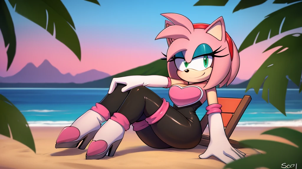 score_9, score_8_up, 2D, flat color, looking at viewer, (1girl), (solo), very detailed, extremely detailed, Amy Rose from the sonic the hedgehog series, portrait, seductive smile, hair down, hair bangs, medium breast, Rouge cosplay, cosplay, she wears a black skin-tight and strapless low-cut jumpsuit, a pink heart-shaped chest plate outlined with thin white trim, elbow-length white gloves and thigh-high high-heeled boots with pink cuffs to match them, with the latter featuring both gray soles and heels, matching her jumpsuit's chest plate, she sits down on a lounge chair on the beach with the ocean waves in a nice sunset, close up, wingless